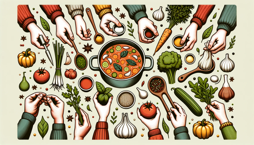 DALL·E 2023 10 14 18.31.33 Illustration of hands of various ages and descents each holding an ingredient essential to the familys secret soup recipe. There are vegetables her